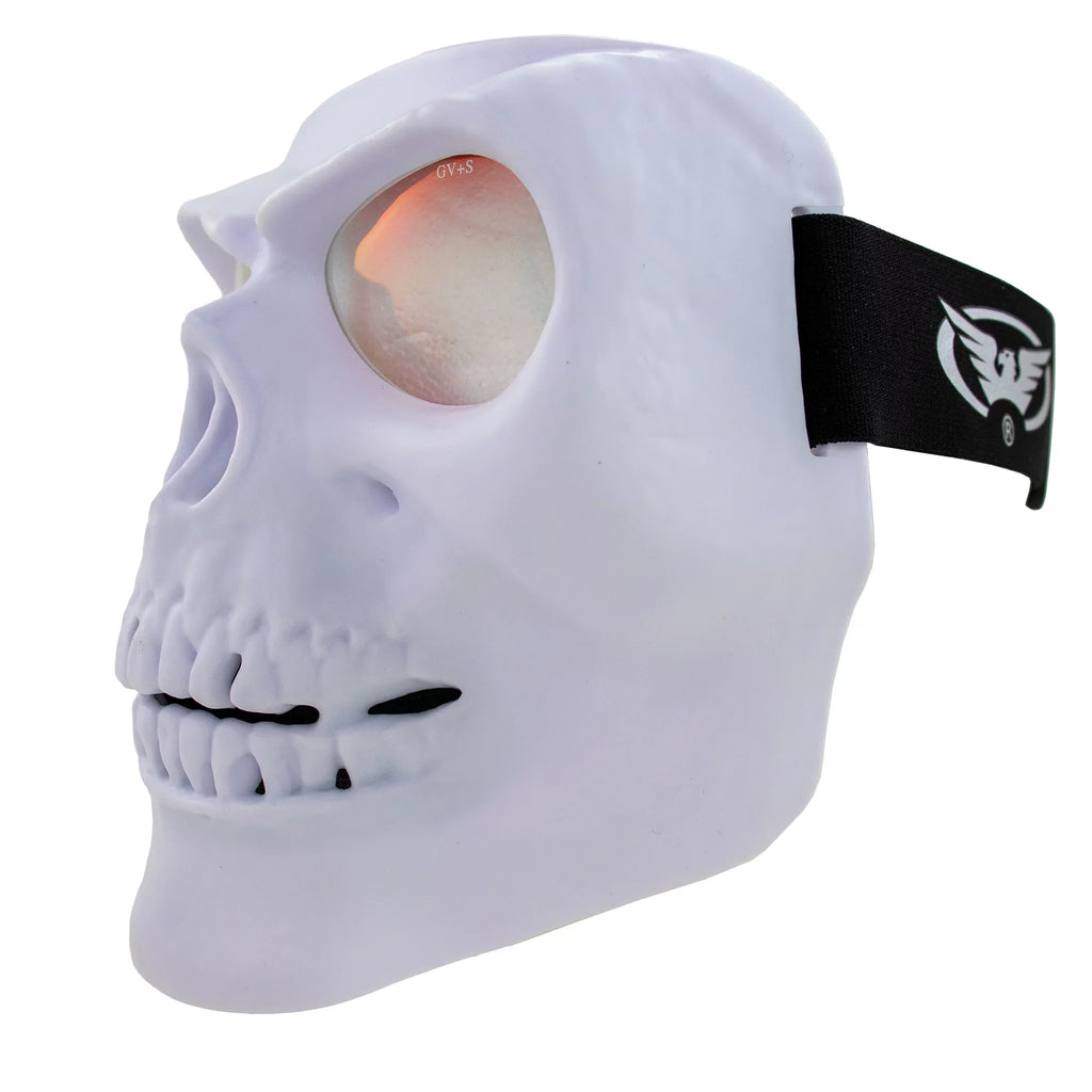 Global Vision Skull Mask Motorcycle Riding Goggles Full Face Coverage White Frame w/ Clear Red Coated Mirror  Lenses