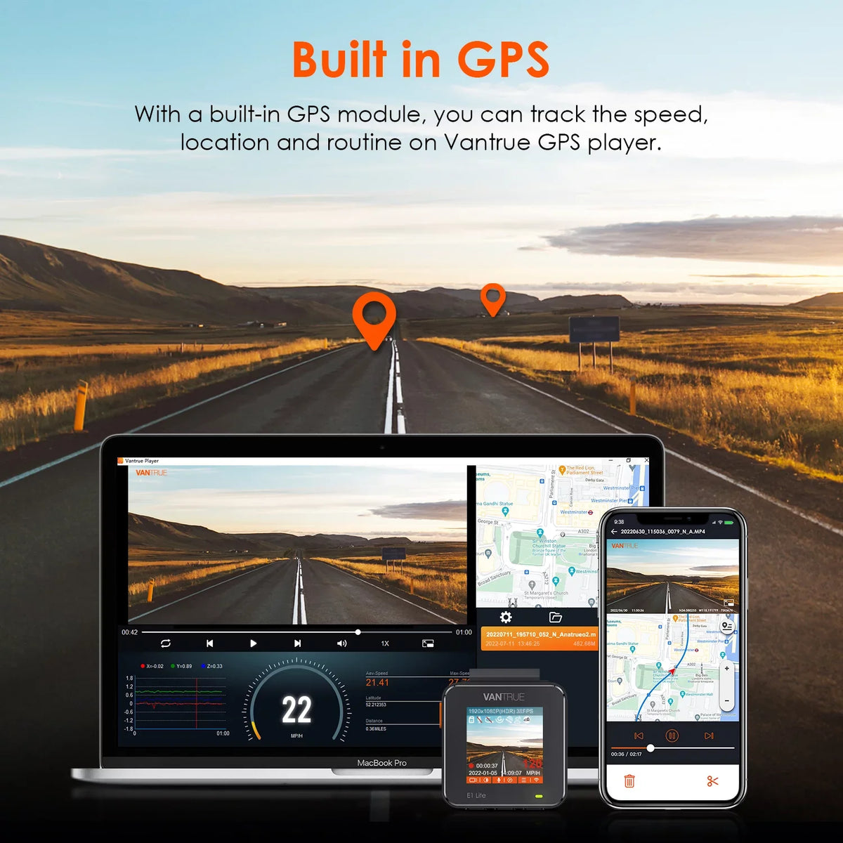 Vantrue  Mini Compact Voice Control Dash Cam 1920  1080P, WiFi Car camera with Dual  System, 24/7 Parking Mode, -Sensor, 160° Wide Angle, Support 512GB Max (  Lite)
