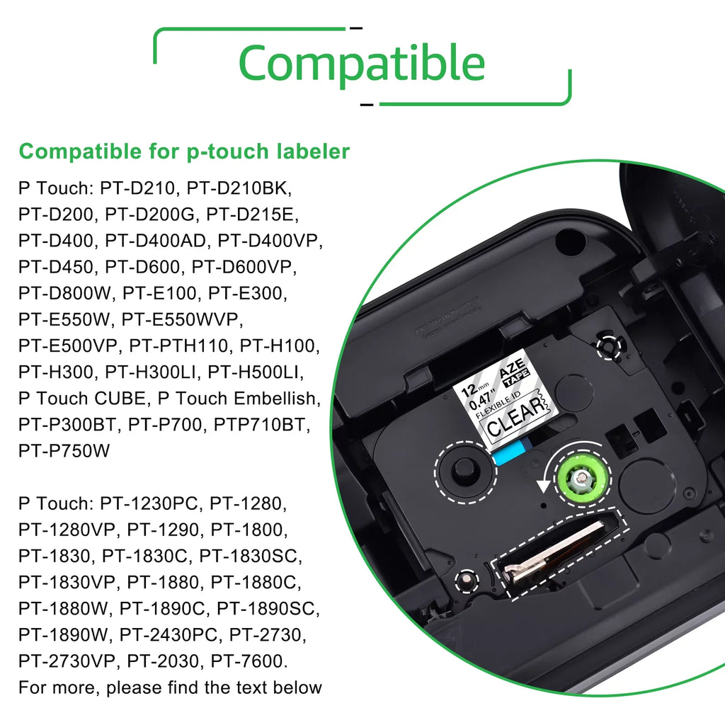 10PK Compatible for Brother -touch 12mm x 8m Black on Clear  TZe TZe- - TZe-131 -131 Flexible  Cable Wire Label Tape