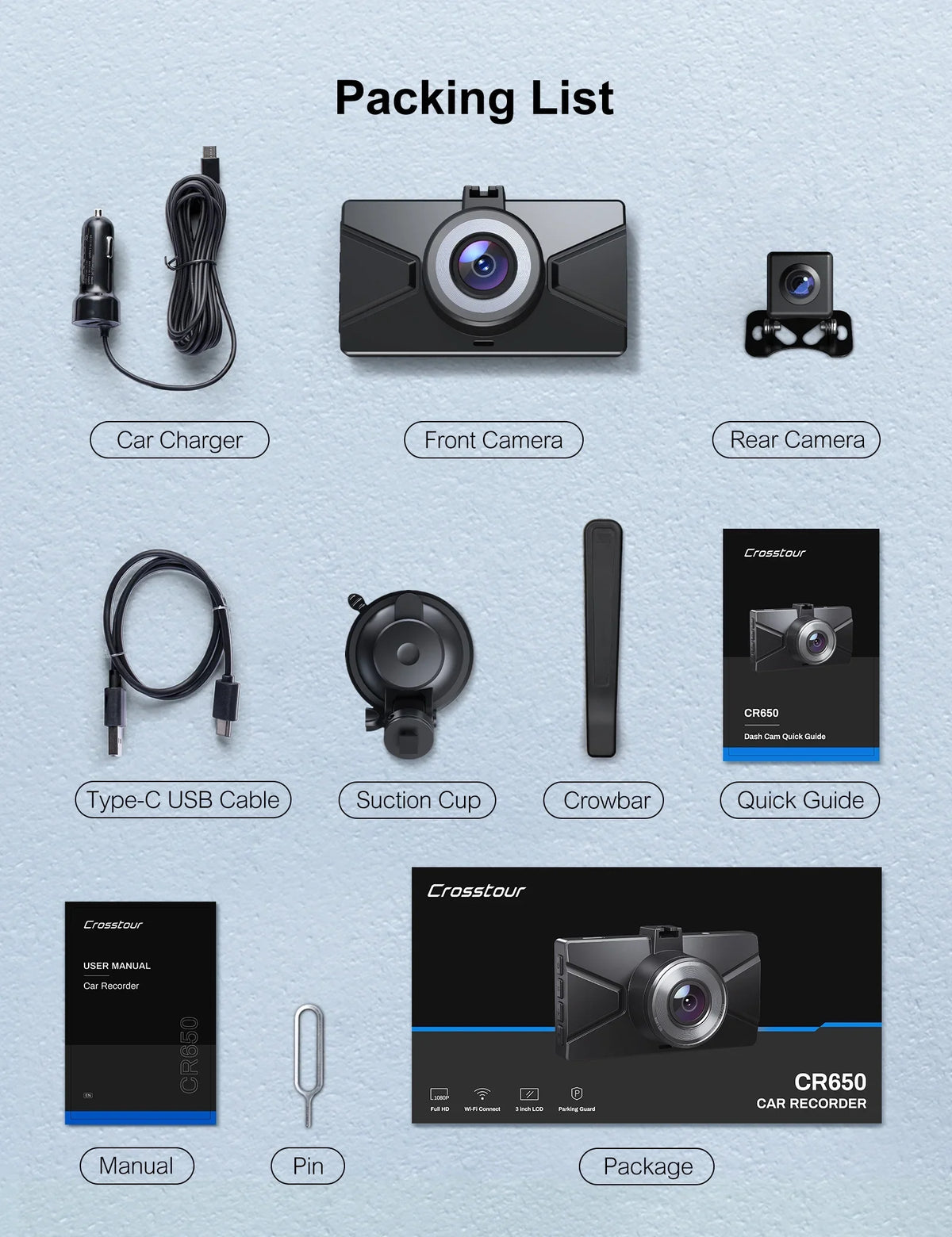 Dash Cam 1080P Full  Front and Rear 3 Inch Car Cam 170°Wide Angle Screen, Black