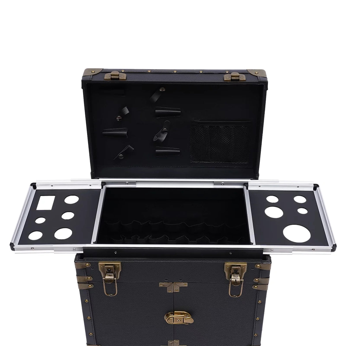 Aiqidi Rolling Lockable Makeup Train Case Hairdressing Trolley Barber Stylist Beauty Salon Cosmetic Luggage Travel Organizer Tool Box with Hair Dryer Holder